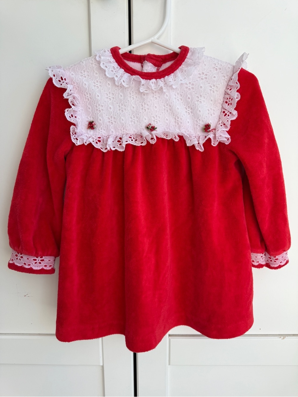 Vintage 80s Red Velour Christmas Dress Lace Bib Girls Holiday Dress Size 3/4T